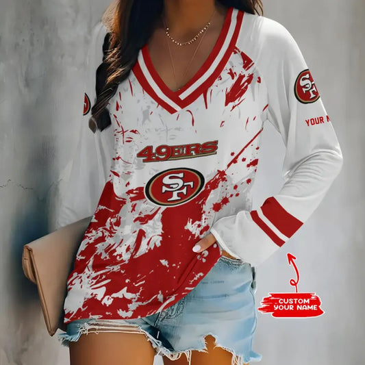[HOT DEAL] NEW CUSTOMIZED NFL11 SF49 SAN FRANCISCO 49ERS WOMEN'S V-NECK LONG SLEEVED SHIRT
