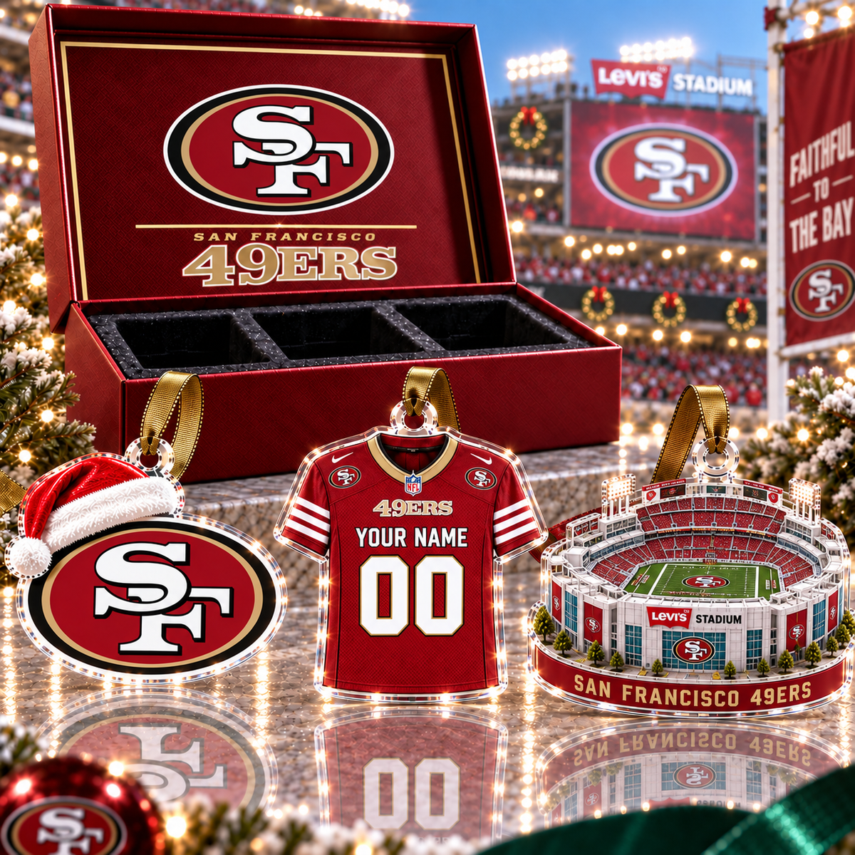 [FULL SET 3 ITEMS - NO BOX] NEW CUSTOMIZED NFL11 SF49 SAN FRANCISCO 49ERS CHRISTMAS ACRYLIC ORNAMENT