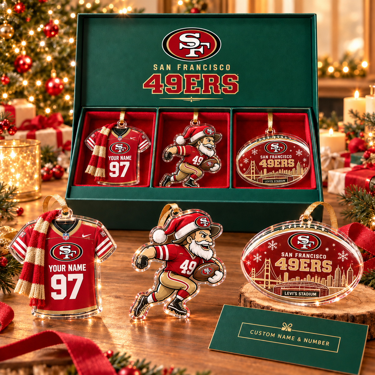 [FULL SET 3 ITEMS - NO BOX] NEW CUSTOMIZED NFL11 SF49 SAN FRANCISCO 49ERS CHRISTMAS ACRYLIC ORNAMENT