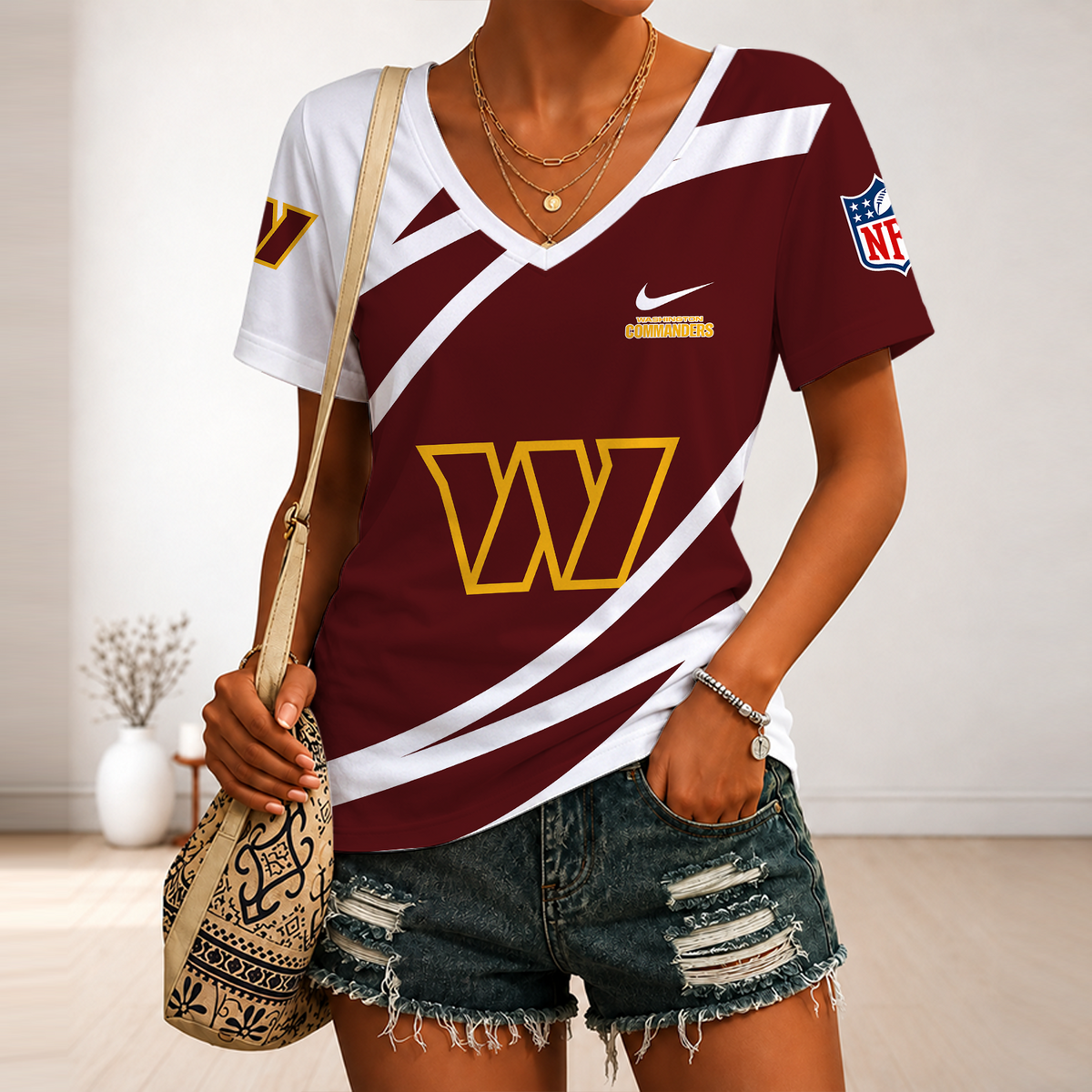[SPECIAL OFFER] NEW CUSTOMIZED NFL12 WTC WASHINGTON COMMANDERS V-NECK FEMALE SHIRT