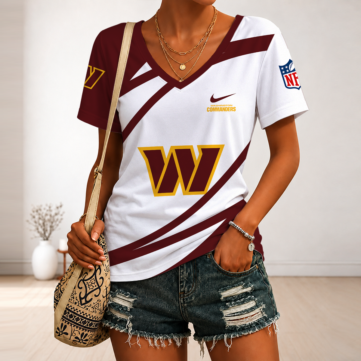 [SPECIAL OFFER] NEW CUSTOMIZED NFL12 WTC WASHINGTON COMMANDERS V-NECK FEMALE SHIRT