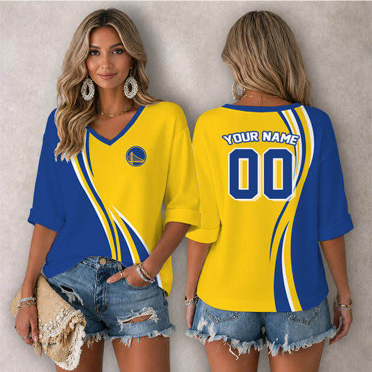 [HOT DEAL] NEW CUSTOMIZED NBA12 GSW GOLDEN STATE WARRIORS WOMEN'S HEART V-NECK LONG SLEEVE SHIRT