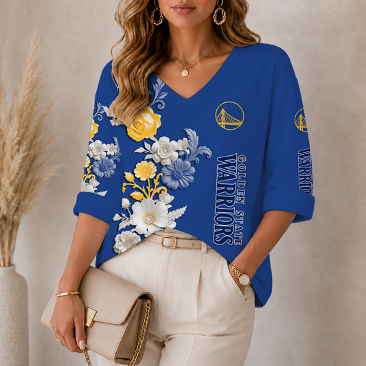 LIMITED EDITION - NEW CUSTOMIZED NBA12 GSW GOLDEN STATE WARRIORS WOMEN'S V-NECK LONG SLEEVE SHIRT
