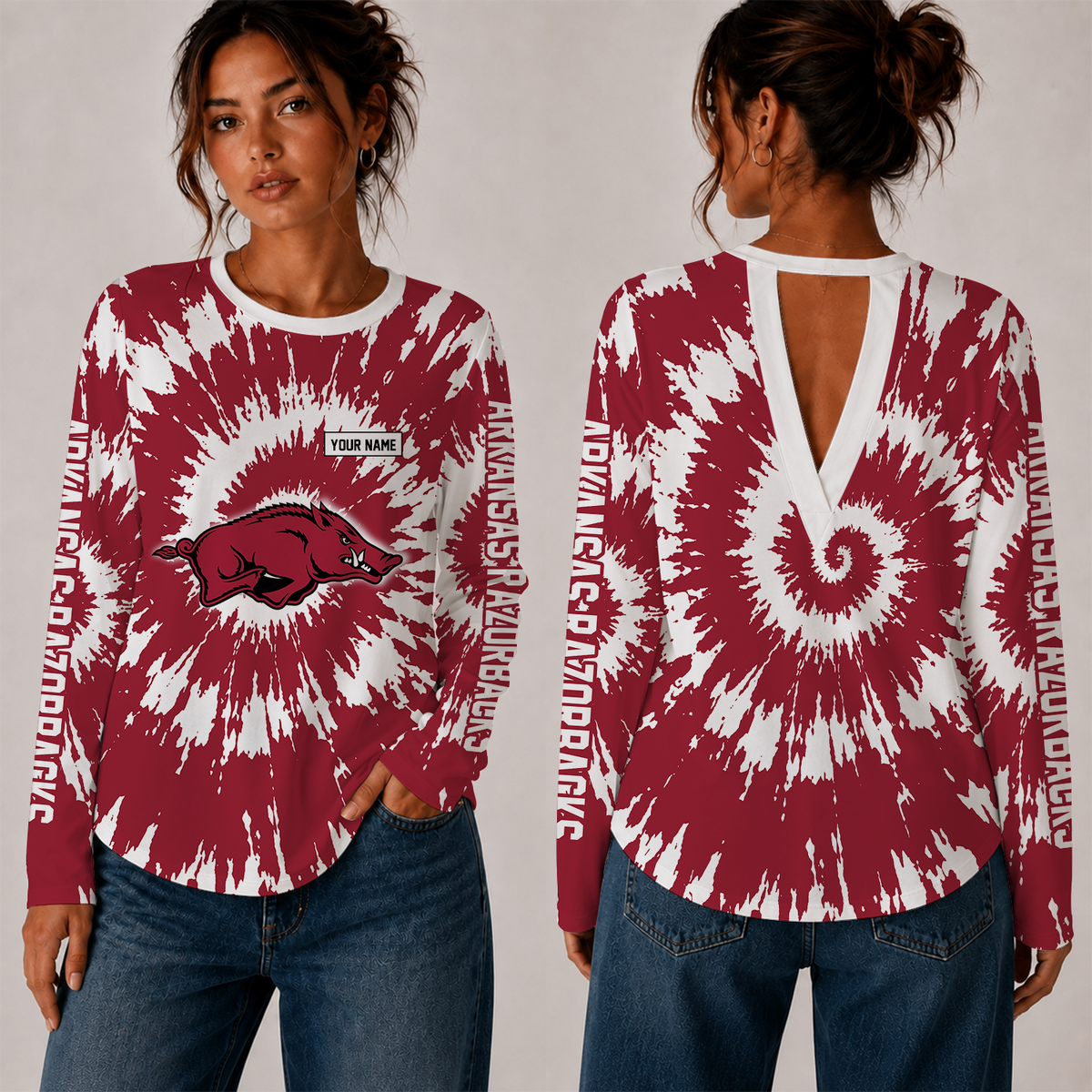 [FAN FAVORITE] NEW CUSTOMIZED NCAA FBS12 AKR ARKANSAS RAZORBACKS WOMEN'S BACK V-CUT LONG-SLEEVE SHIRT