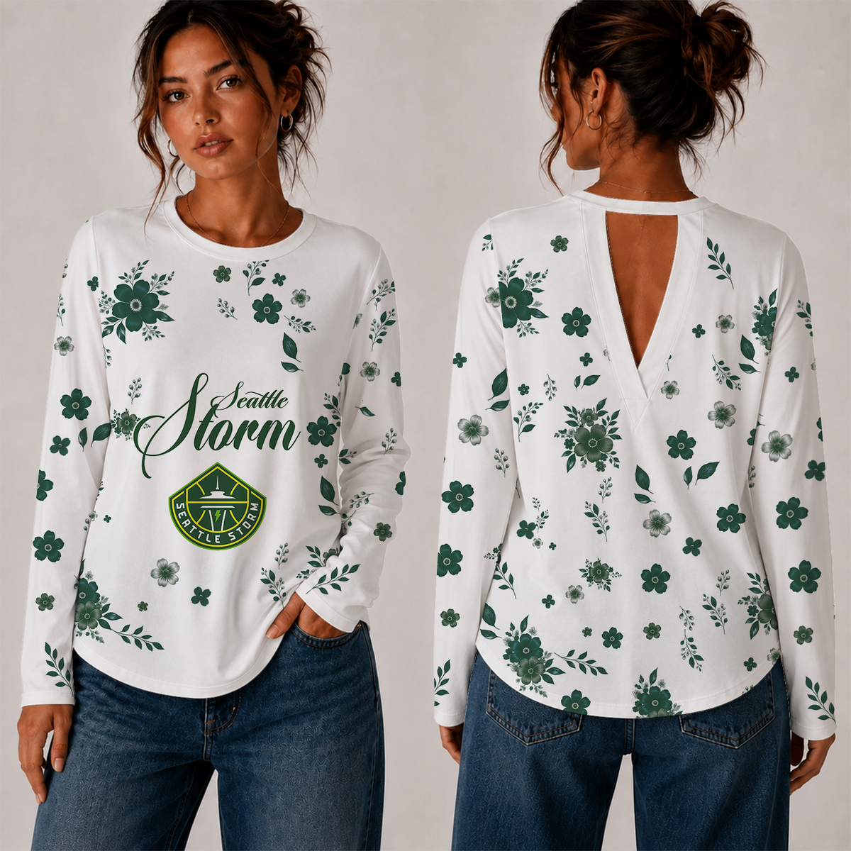 [FAN FAVORITE] NEW CUSTOMIZED WNBA12 STS SEATTLE STORM WOMEN'S BACK V-CUT LONG-SLEEVE SHIRT