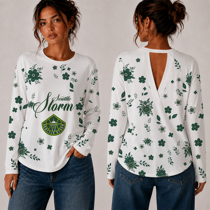 [FAN FAVORITE] NEW CUSTOMIZED WNBA12 STS SEATTLE STORM WOMEN'S BACK V-CUT LONG-SLEEVE SHIRT