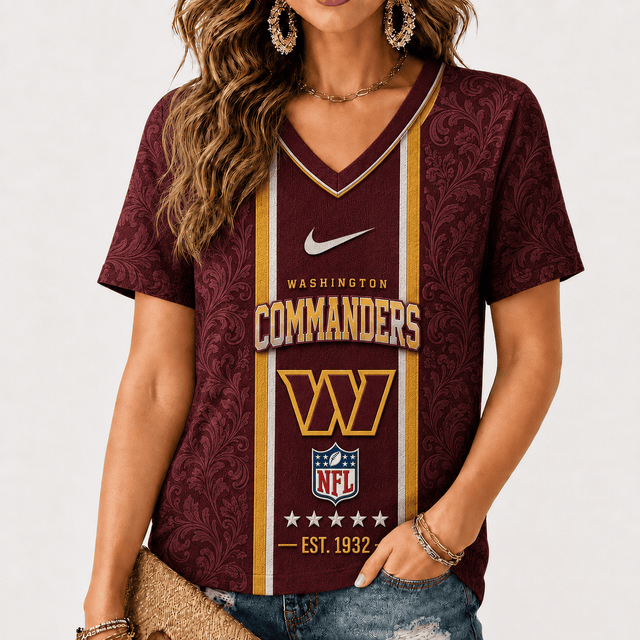 [SPECIAL OFFER] NEW CUSTOMIZED NFL12 WTC WASHINGTON COMMANDERS V-NECK FEMALE SHIRT