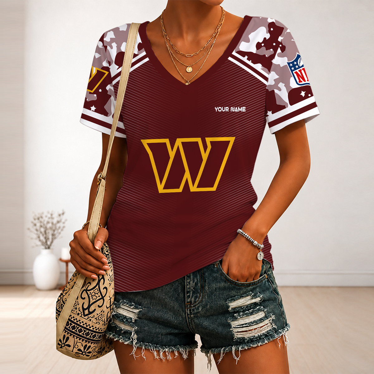 [SPECIAL OFFER] NEW CUSTOMIZED NFL12 WTC WASHINGTON COMMANDERS V-NECK FEMALE SHIRT