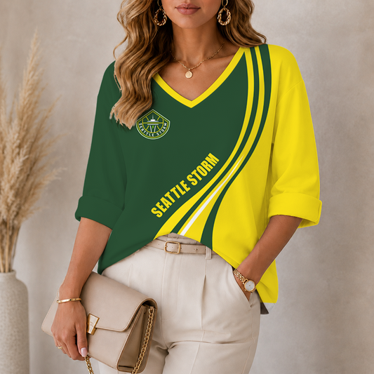 [FAN FAVORITE] NEW CUSTOMIZED WNBA12 STS SEATTLE STORM WOMEN'S HEART V-NECK LONG SLEEVE SHIRT