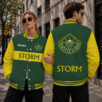 [FAN FAVORITE] NEW CUSTOMIZED WNBA12 STS SEATTLE STORM BASEBALL JACKET, SATIN VARSITY JACKET
