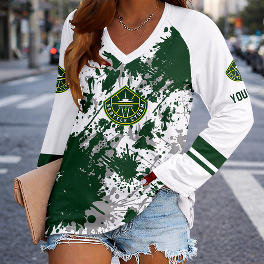 [FAN FAVORITE] NEW CUSTOMIZED WNBA12 STS SEATTLE STORM V-NECK LONG SLEEVED SHIRT