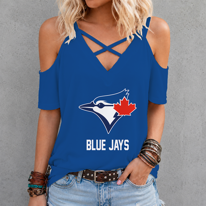 [FLASH SALE] NEW CUSTOMIZED MLB12 TBJ TORONTO BLUE JAYS CRISS CROSS V-NECK TOP