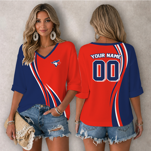 [FLASH SALE] NEW CUSTOMIZED MLB12 TBJ TORONTO BLUE JAYS WOMEN'S HEART V-NECK LONG SLEEVE SHIRT