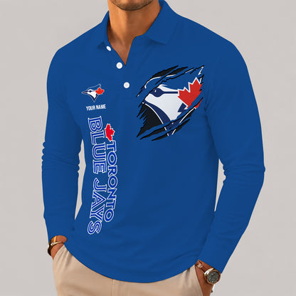 [FLASH SALE] NEW CUSTOMIZED MLB12 TBJ TORONTO BLUE JAYS MEN'S LONG SLEEVE POLO