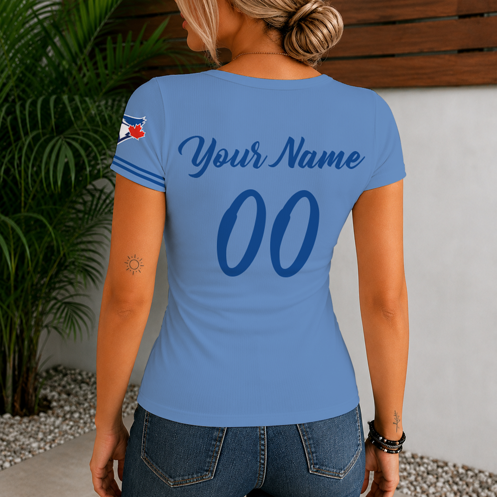 [FLASH SALE] NEW CUSTOMIZED MLB12 TBJ TORONTO BLUE JAYS WOMEN'S SHORT SLEEVE HENLEY T-SHIRT