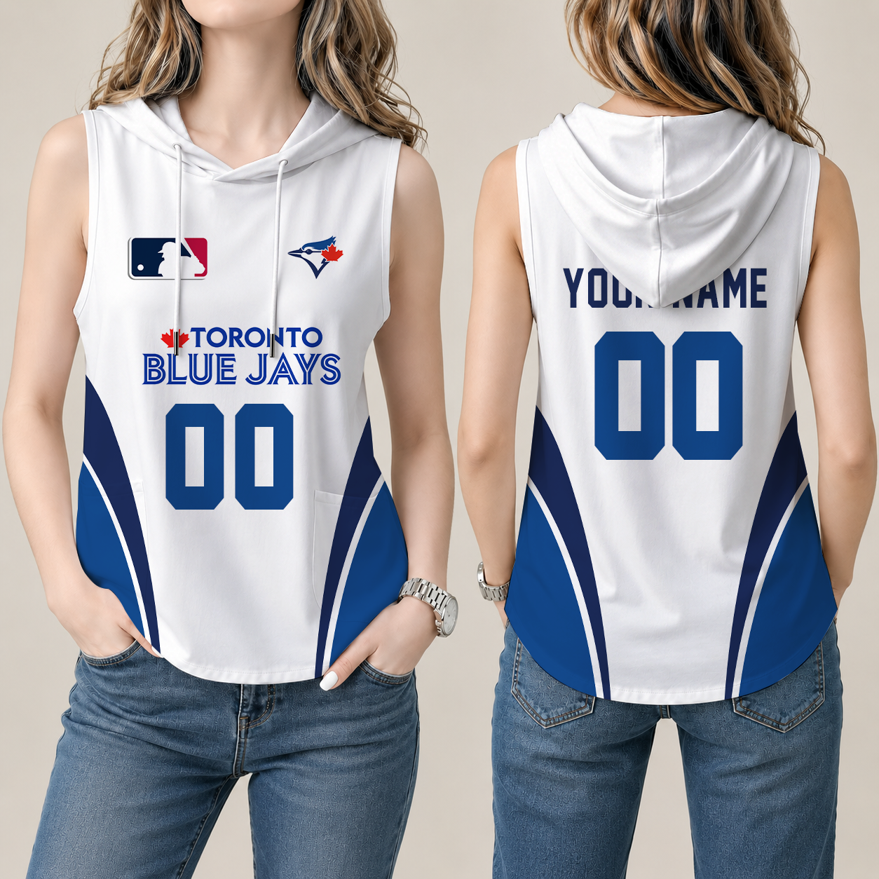 [FLASH SALE] NEW CUSTOMIZED MLB12 TBJ TORONTO BLUE JAYS WOMEN'S SLEEVELESS HOODED POCKET TANK TOP