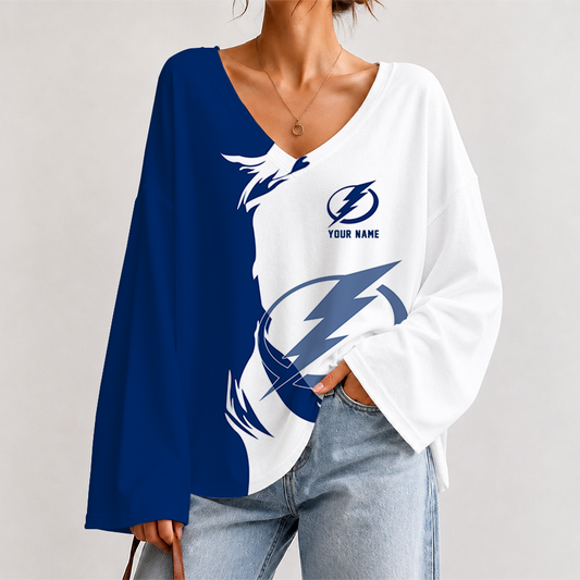 [SUPER SALE] NEW CUSTOMIZED NHL12 TPL TAMPA BAY LIGHTNING V-NECK LONG SLEEVED CROP TOP
