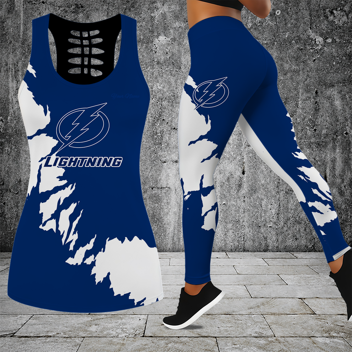 [SUPER SALE] NEW CUSTOMIZED NHL12 TPL TAMPA BAY LIGHTNING HOLLOW TANK TOP & LEGGINGS SET