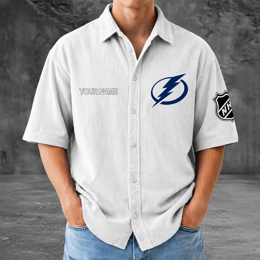 [SUPER SALE] NEW CUSTOMIZED NHL12 TPL TAMPA BAY LIGHTNING SEERSUCKER BUTTON SHIRT