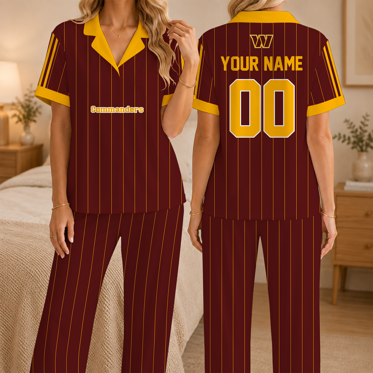 [SPECIAL OFFER] NEW CUSTOMIZED NFL12 WTC WASHINGTON COMMANDERS SHORT SLEEVE & LONG PANTS PAJAMAS SET