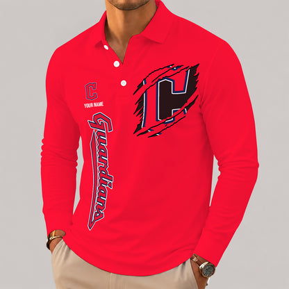 [FLASH SALE] NEW CUSTOMIZED MLB13 CGS CLEVELAND GUARDIANS MEN'S LONG SLEEVE POLO