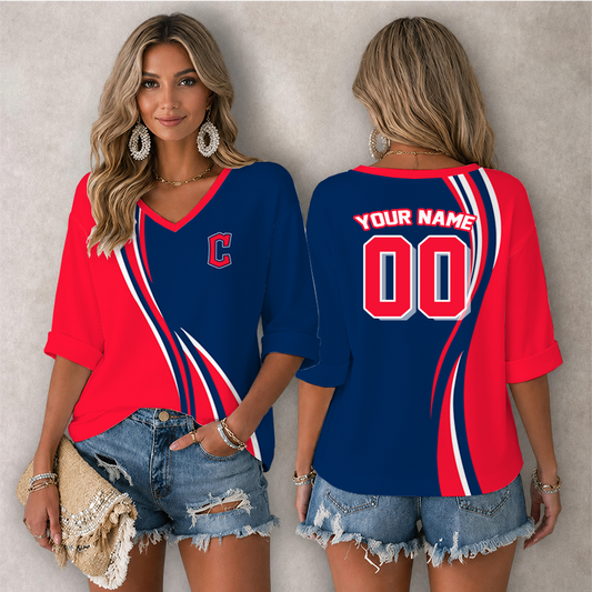 [FLASH SALE] NEW CUSTOMIZED MLB13 CGS CLEVELAND GUARDIANS WOMEN'S HEART V-NECK LONG SLEEVE SHIRT
