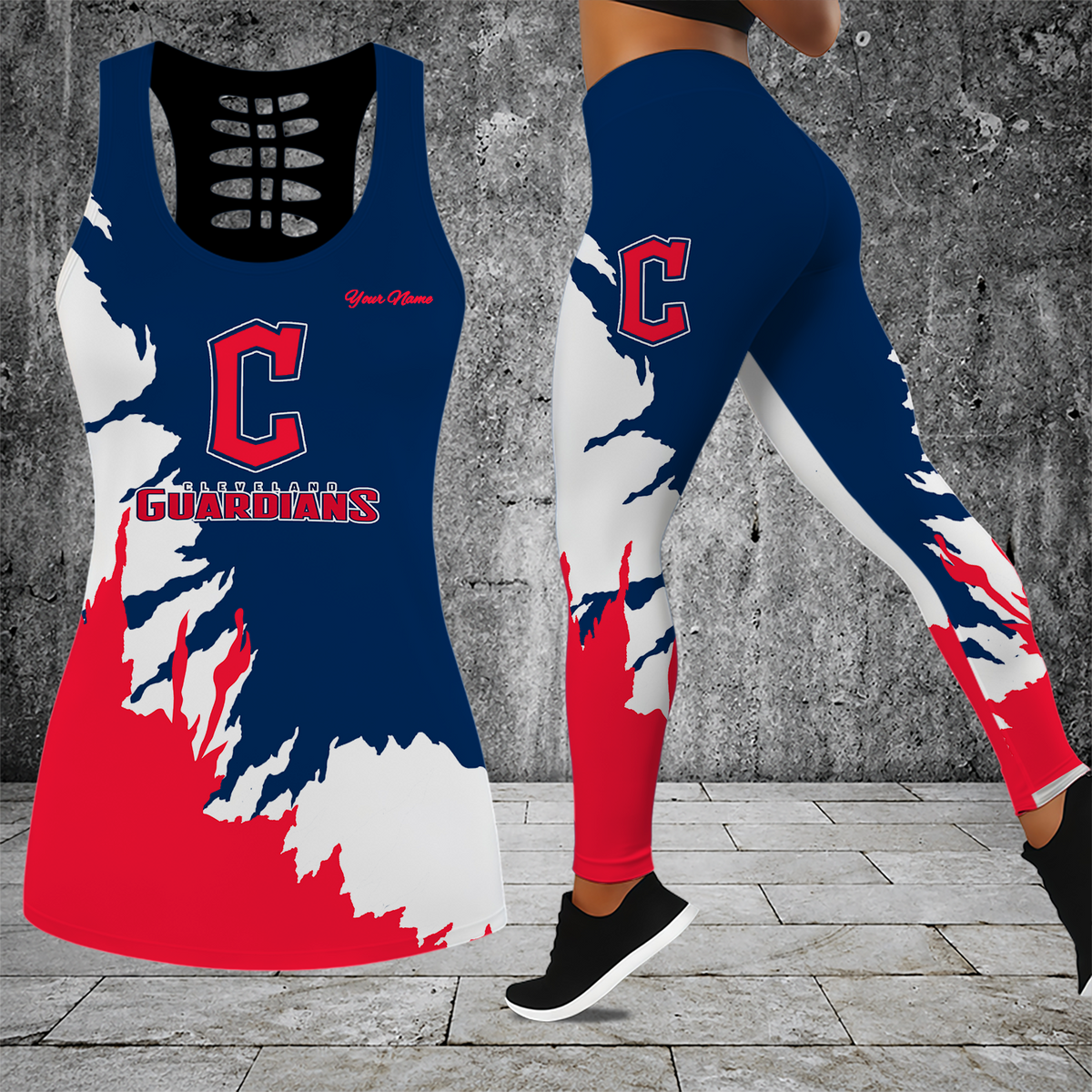 [FLASH SALE] NEW CUSTOMIZED MLB13 CGS CLEVELAND GUARDIANS HOLLOW TANK TOP & LEGGINGS SET