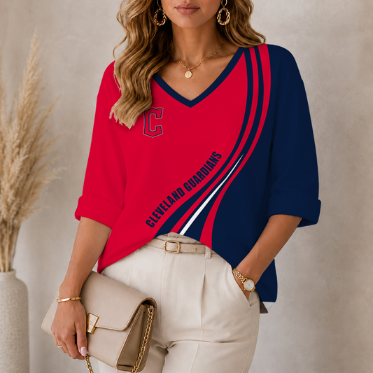 [FLASH SALE] NEW CUSTOMIZED MLB13 CGS CLEVELAND GUARDIANS WOMEN'S HEART V-NECK LONG SLEEVE SHIRT