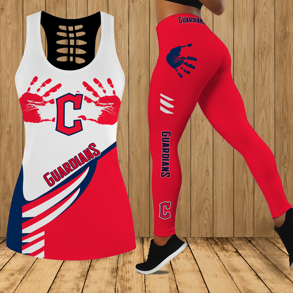 [FLASH SALE] NEW CUSTOMIZED MLB13 CGS CLEVELAND GUARDIANS HOLLOW TANK TOP & LEGGINGS SET