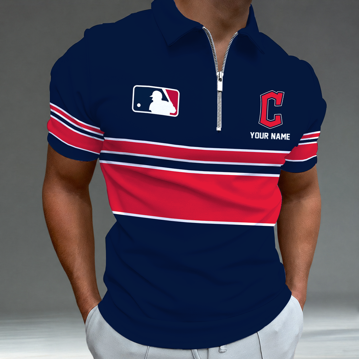 LIMITED EDITION - NEW CUSTOMIZED MLB13 CGS CLEVELAND GUARDIANS ZIP POLO SHIRT