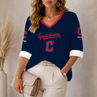 [FLASH SALE] NEW CUSTOMIZED MLB13 CGS CLEVELAND GUARDIANS WOMEN'S HEART V-NECK LONG SLEEVE SHIRT