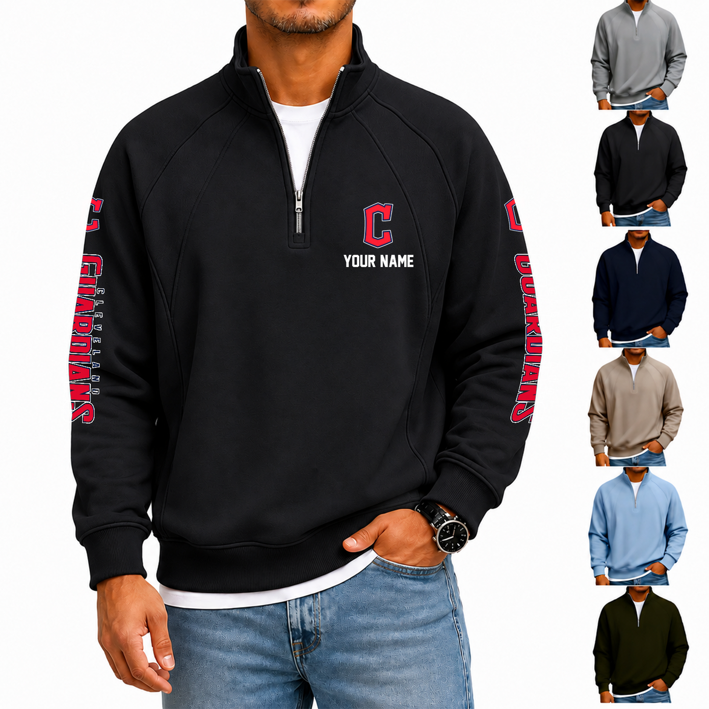 [FLASH SALE] NEW CUSTOMIZED MLB13 CGS CLEVELAND GUARDIANS MEN'S QUARTER ZIP PULLOVER