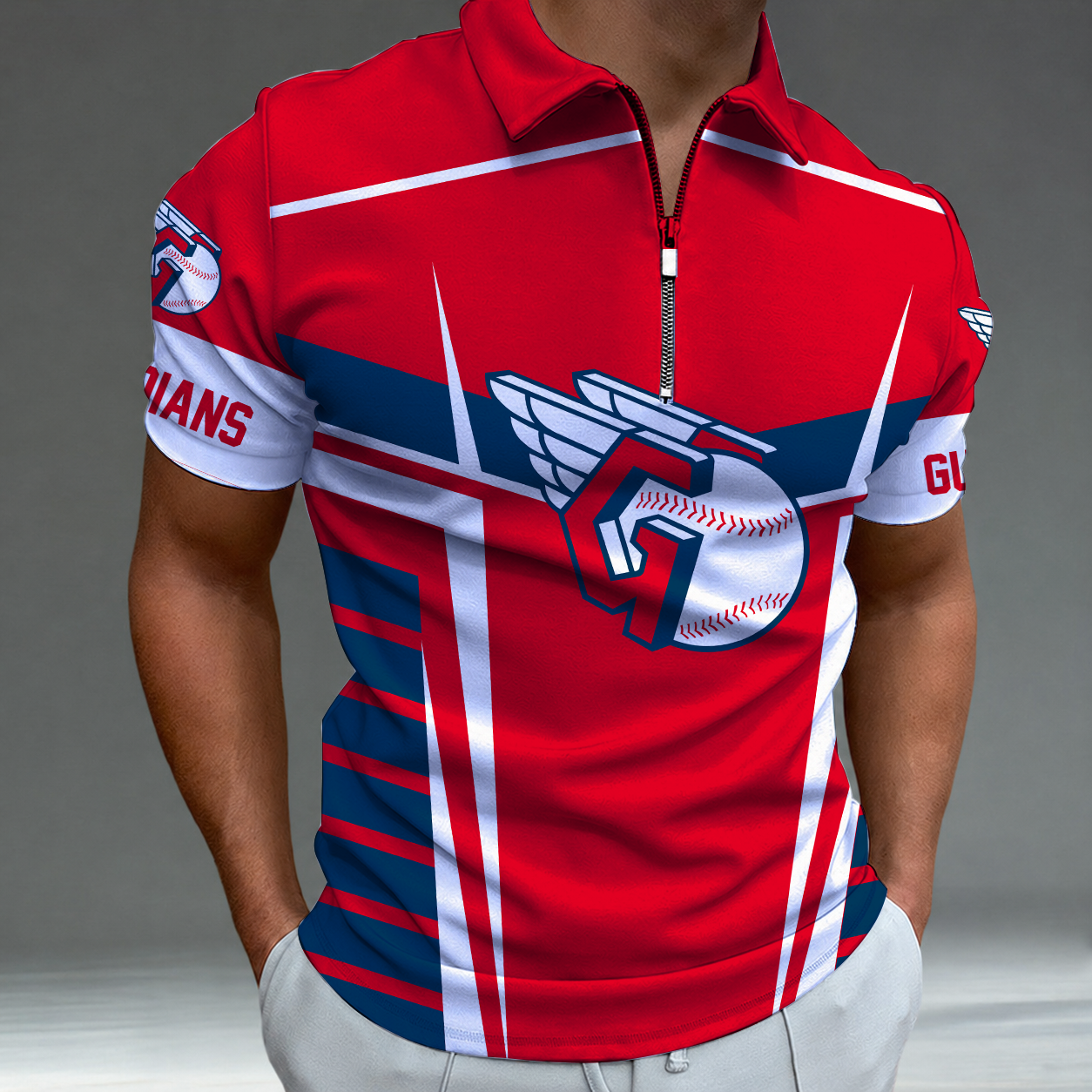 [FLASH SALE] NEW CUSTOMIZED MLB13 CGS CLEVELAND GUARDIANS ZIP POLO SHIRT