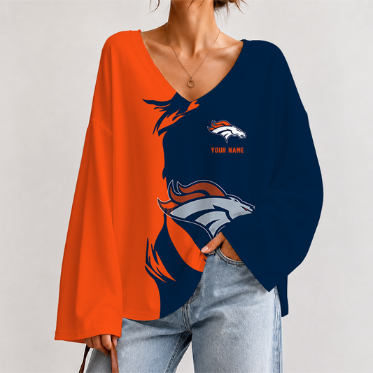 [SPECIAL OFFER] NEW CUSTOMIZED NFL13 DVB DENVER BRONCOS V NECK LONG SLEEVED CROP TOP