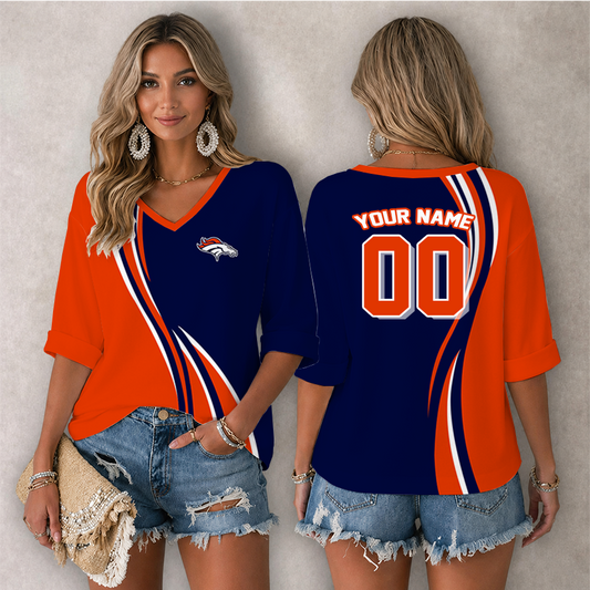[SPECIAL OFFER] NEW CUSTOMIZED NFL13 DVB DENVER BRONCOS WOMEN'S HEART V-NECK LONG SLEEVE SHIRT