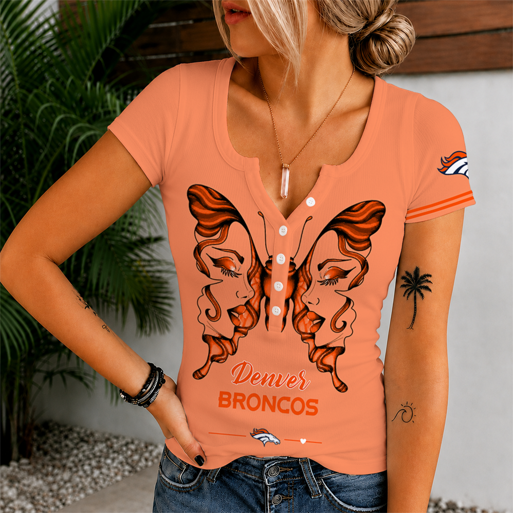 [SPECIAL OFFER] NEW CUSTOMIZED NFL13 DVB DENVER BRONCOS WOMEN'S SHORT SLEEVE HENLEY T-SHIRT