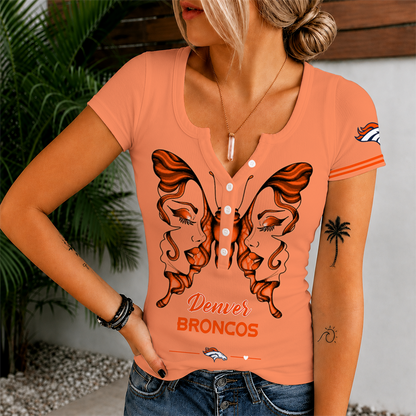 [SPECIAL OFFER] NEW CUSTOMIZED NFL13 DVB DENVER BRONCOS WOMEN'S SHORT SLEEVE HENLEY T-SHIRT