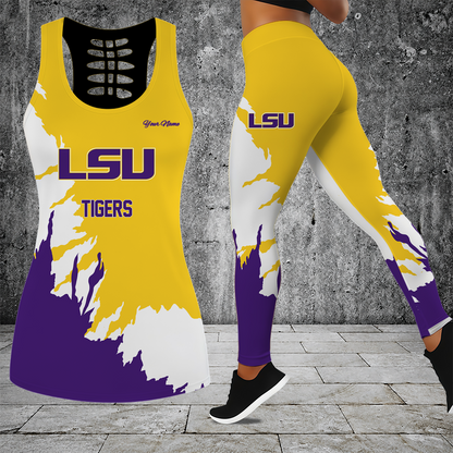 [FAN FAVORITE] NEW CUSTOMIZED NCAA MAM13 LST LSU TIGERS STRAPPY HOLLOW TANK TOP & LEGGINGS SET