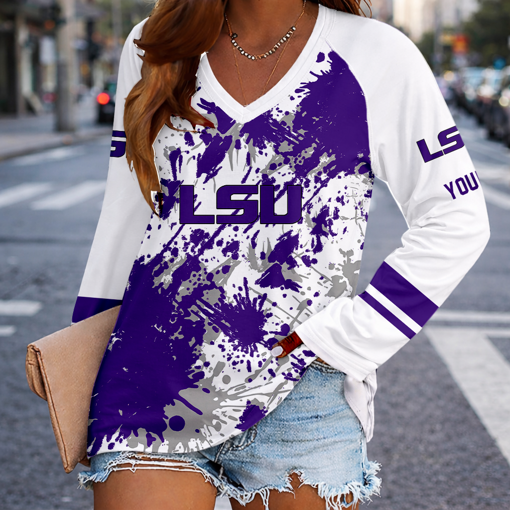 [FAN FAVORITE] NEW CUSTOMIZED NCAA MAM13 LST LSU TIGERS WOMEN'S V-NECK LONG SLEEVED SHIRT