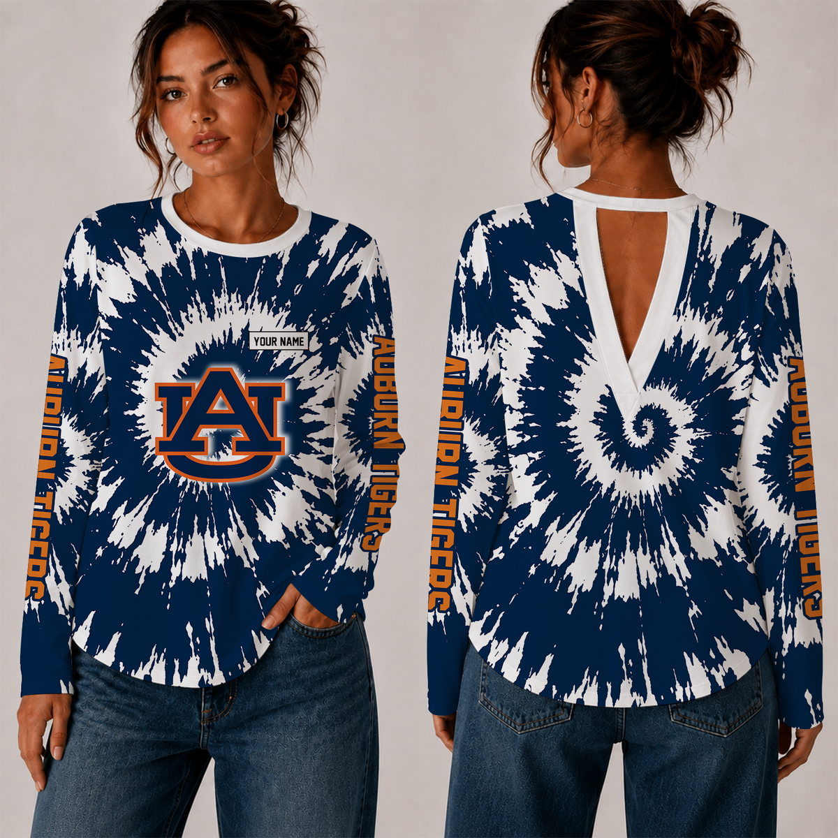 [FAN FAVORITE] NEW CUSTOMIZED NCAA FBS13 ABT AUBURN TIGERS WOMEN'S BACK V-CUT LONG-SLEEVE SHIRT