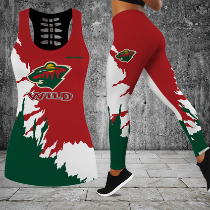 [SUPER SALE] NEW CUSTOMIZED NHL13 MNW MINNESOTA WILD HOLLOW TANK TOP & LEGGINGS SET