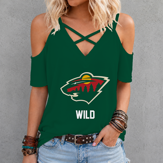 [SUPER SALE] NEW CUSTOMIZED NHL13 MNW MINNESOTA WILD CRISS CROSS V-NECK TOP