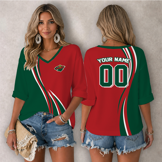 [SUPER SALE] NEW CUSTOMIZED NHL13 MNW MINNESOTA WILD WOMEN'S HEART V-NECK LONG SLEEVE SHIRT