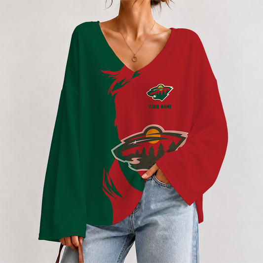 [SUPER SALE] NEW CUSTOMIZED NHL13 MNW MINNESOTA WILD V-NECK LONG SLEEVED CROP TOP