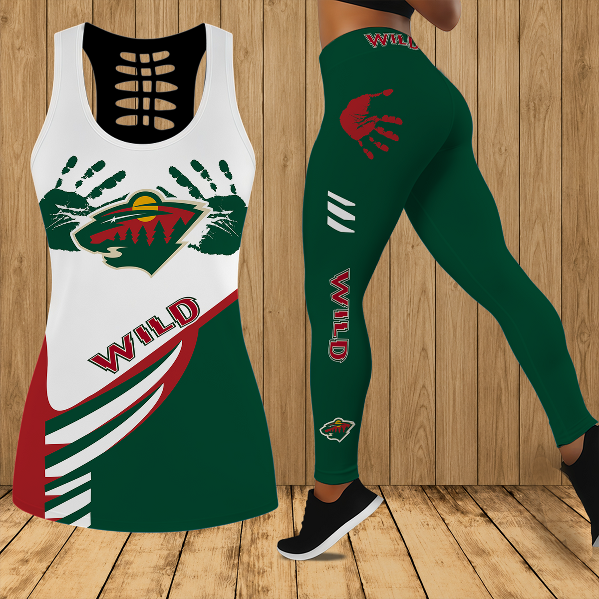 [SUPER SALE] NEW CUSTOMIZED NHL13 MNW MINNESOTA WILD HOLLOW TANK TOP & LEGGINGS SET
