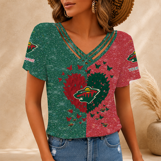 [SUPER SALE] NEW CUSTOMIZED NHL13 MNW MINNESOTA WILD V-NECK SHIRT