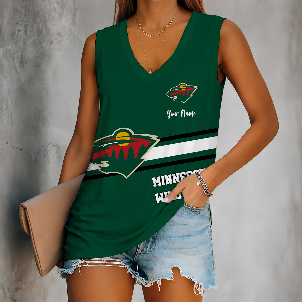 [SUPER SALE] NEW CUSTOMIZED NHL13 MNW MINNESOTA WILD WOMEN'S V-NECK TANK TOP