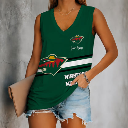 [SUPER SALE] NEW CUSTOMIZED NHL13 MNW MINNESOTA WILD WOMEN'S V-NECK TANK TOP
