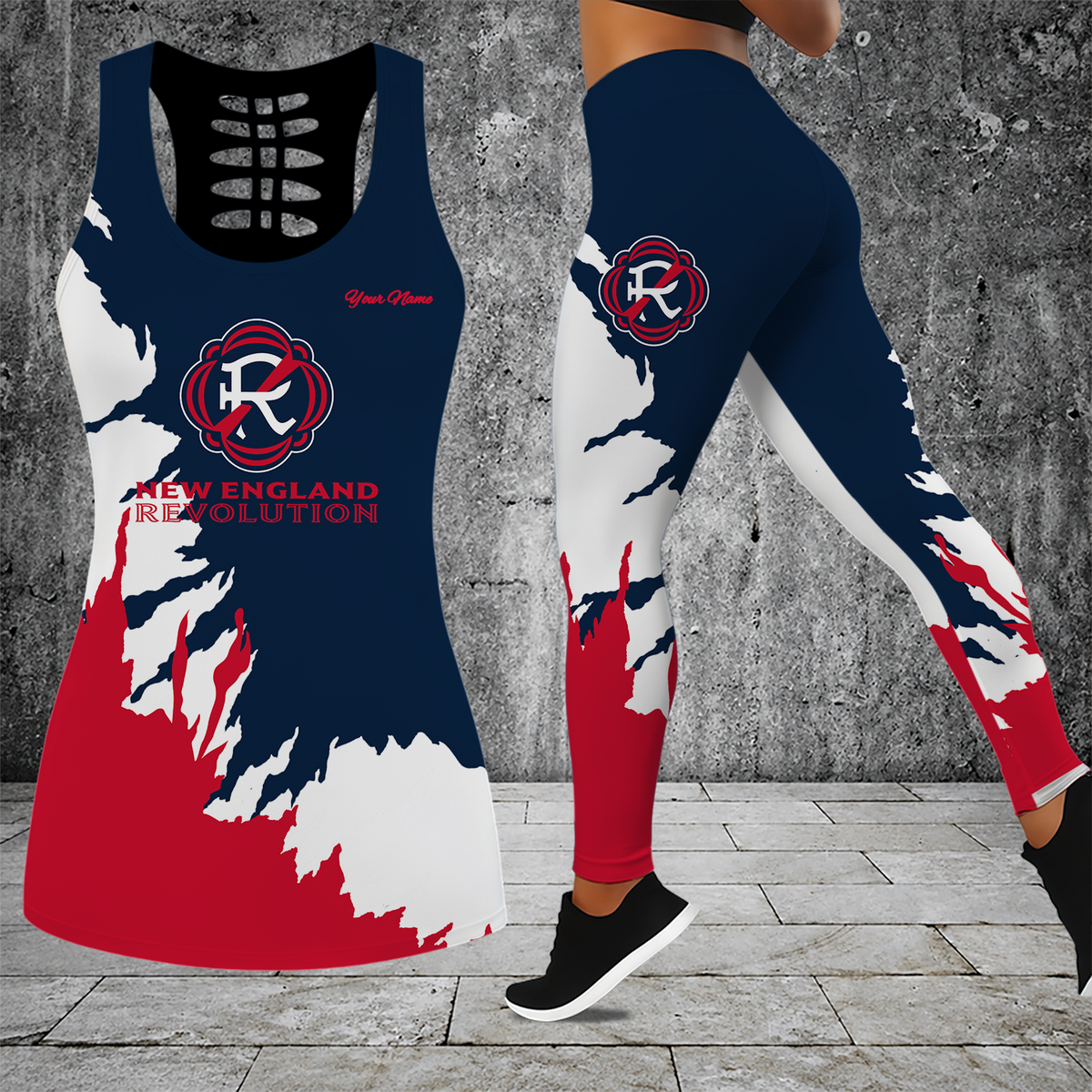 [FAN EXCLUSIVE] NEW CUSTOMIZED MLS13 NER NEW ENGLAND REVOLUTION HOLLOW TANK TOP & LEGGINGS SET