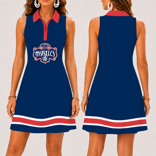 [FAN FAVORITE] NEW CUSTOMIZED WNBA13 WSM WASHINGTON MYSTICS WOMEN'S ZIP SLEEVELESS POLO DRESS